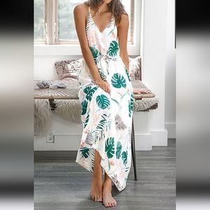 Cupshe White Green Floral Palm Print Maxi Dress Size Small Tropical Resort Beach